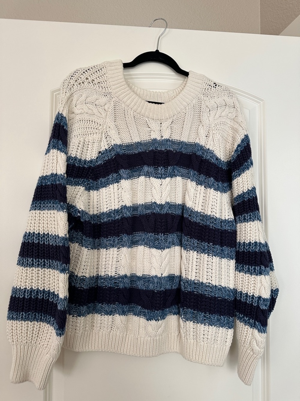 Free People Cream, Navy & Denim Blue Striped Cable Knit Sweater